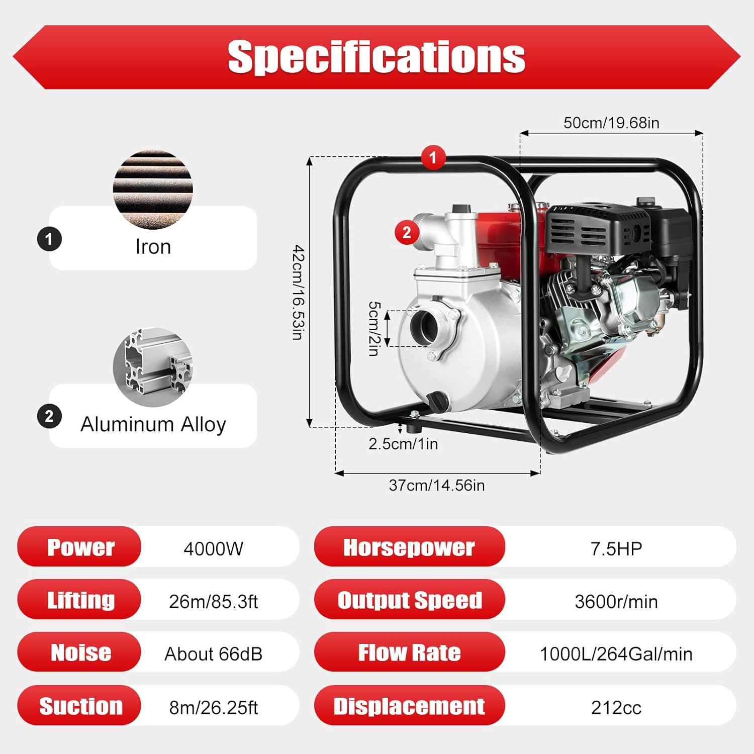 7.5 HP 2" Portable Gas Powered Water Pump,212cc 4-Stroke Gasoline Water Pump w/ 7.5m Hose, for Farmland Watering, Garden Irrigation