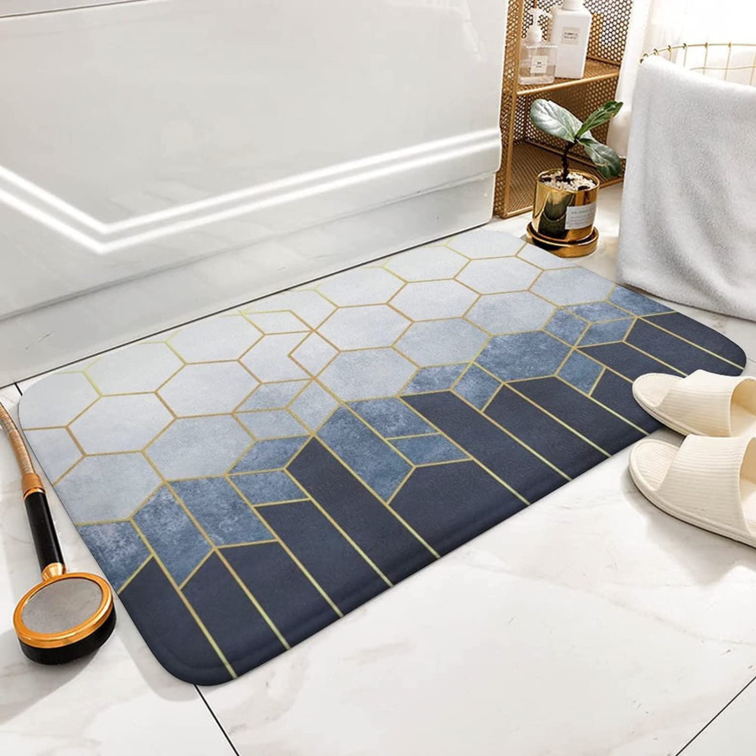 Blue Gold Marble Geometric Hexagons Bathroom Rug Mat, Extra Soft and Absorbent Microfiber Bath Rugs, Non-Slip Plush Bath Carpet, Bath Mats for