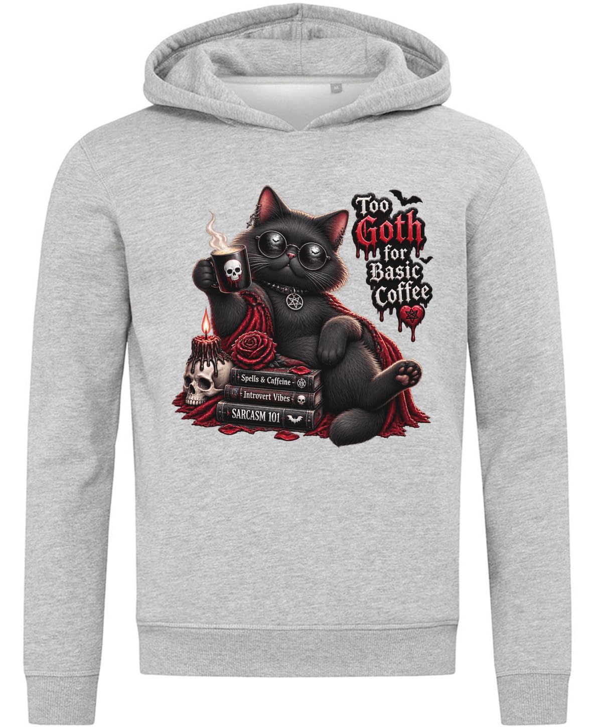 Felpa con cappuccio in misto cotone grigio con gatto gotico che gode di un caffè scuro