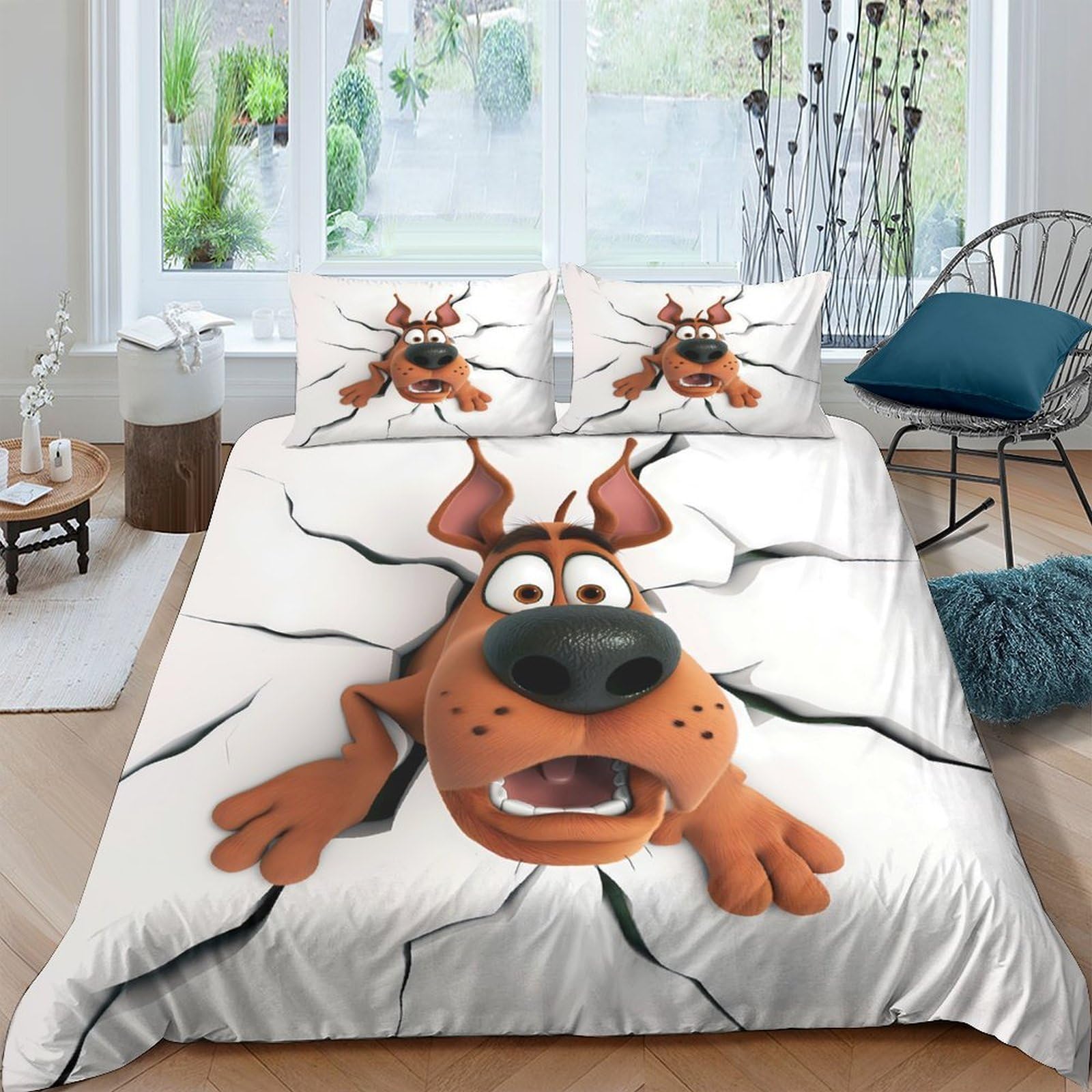 GPLZQXKJNH 3D Printed Cartoon Dog Duvet Cover Microfiber Soft Breathable Cracked Wall Bedding Set with 2 Pillowcases for Bedroom Decor Single（135x200cm）