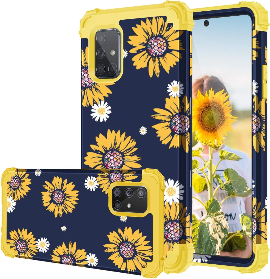 Fingic Compatible with Samsung Galaxy A71 5G Case Sunflower 3 in 1 Heavy Duty Protection Hybrid Hard PC Soft Silicone Rugged Bumper Full-Body Shockproof Protective Case for Galaxy A71 5G, Yellow