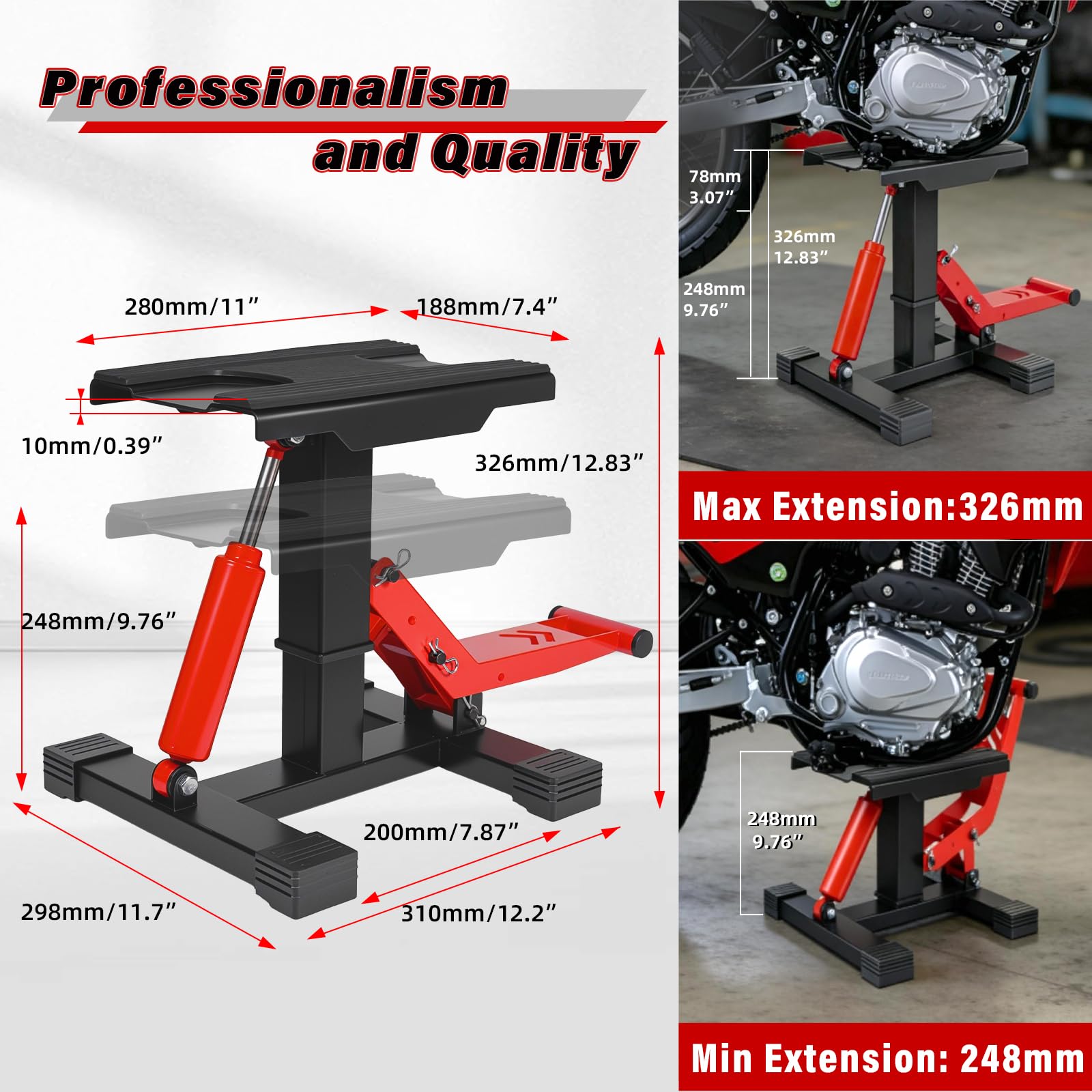 Hydrauliczny stojak na rower Dirtbike 453 kg, ze zdejmowaną tacą na narzędzia, regulowana wysokość, stół podnośnikowy z bardzo dużą i antypoślizgową platformą do motocykli terenowych, motocyklowych