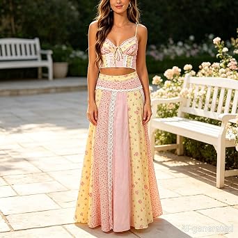 Women's 2 Piece Summer Outfits Spaghetti Strap Floral Crop Top High Waist Pleated Maxi Skirt Sets For Garden Party