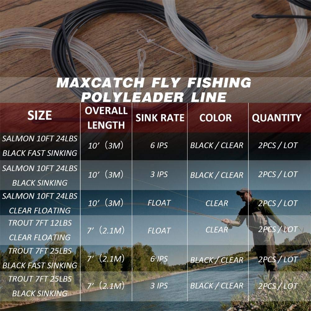 Maxcatch Fly Fishing Polyleader Line Monofilament Core for 7ft Trout and 10ft Salmon 3-6ips Floating/Sinking 10-25lb 2pcs