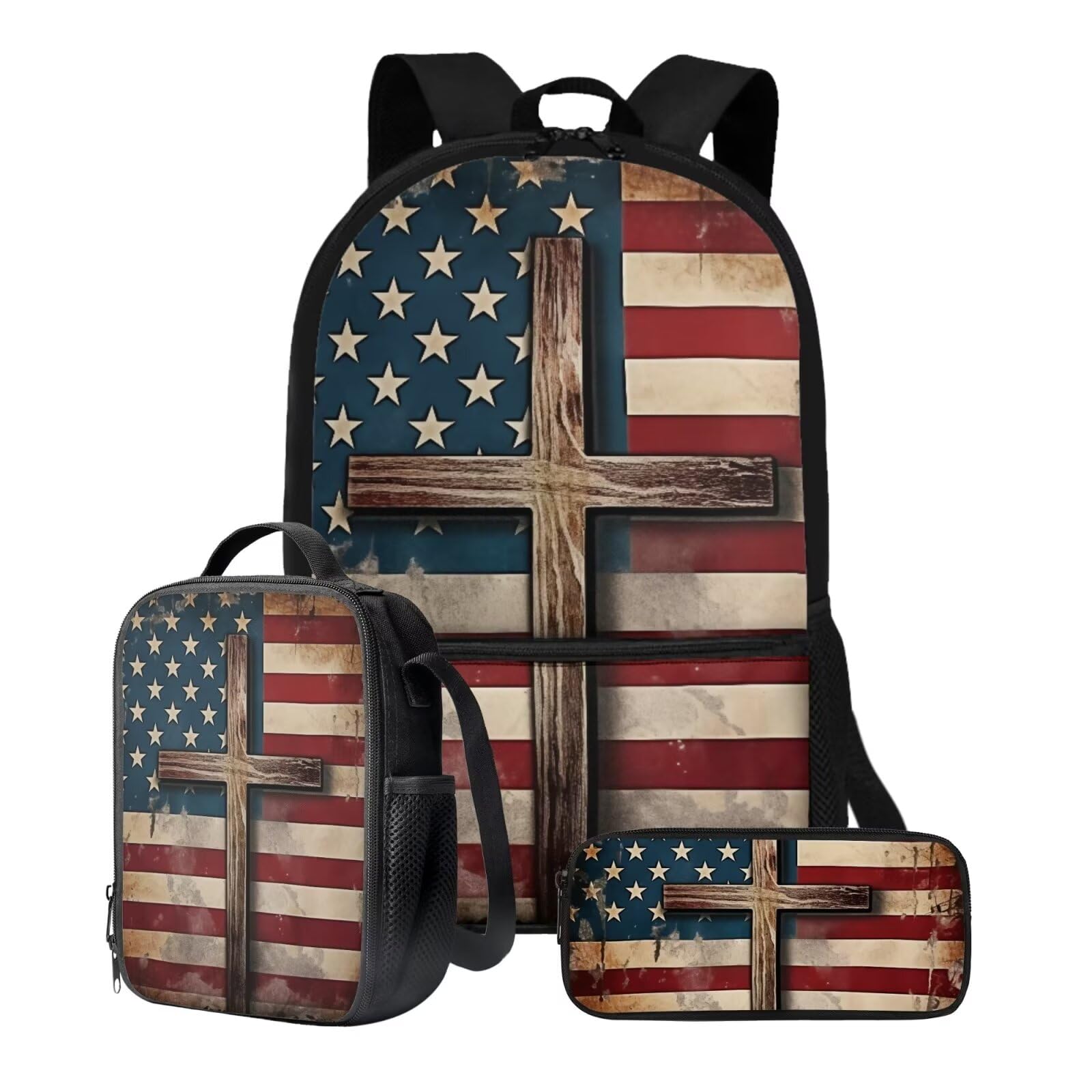 Talayituse Cross American Flag Print 3 Pcs Backpack Set Travel Bag Portable Bookbag Knapsack Daypack Large Capacity Sports Backpacks Schoolbag with