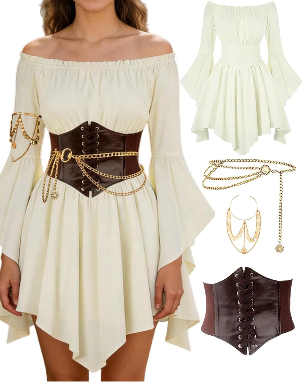 Pirate Costume Women Renaissance Dress Off Shoulder Bell Sleeve Fairy Dress with Arm chain Waist Belt, waist chain