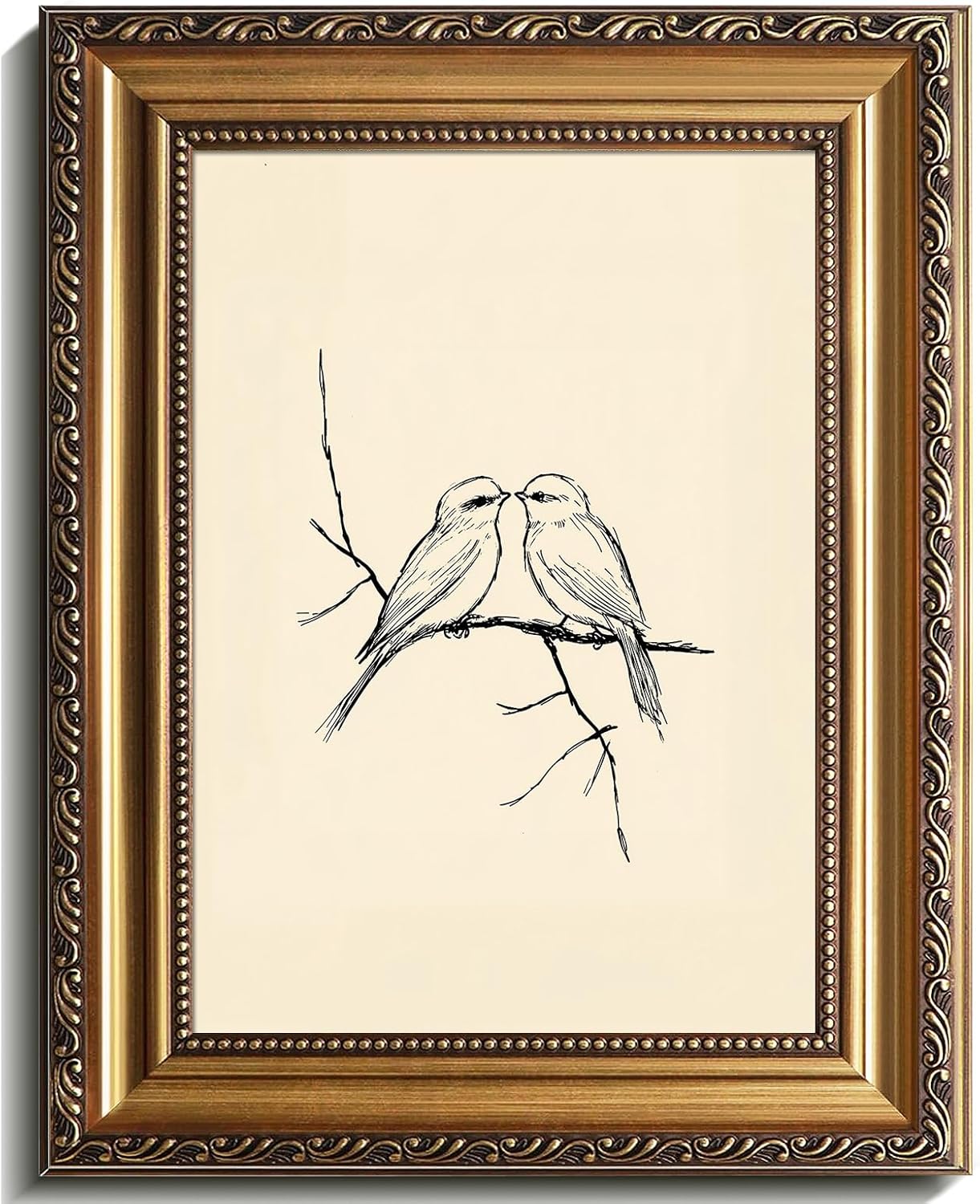 Vintage Gold Framed Bird Art Print Romantic Love Birds Illustration, Hand-Drawn Farmhouse Decor, Vintage Artwork Pictures for Bedroom, Living Room, Kitchen - 9x12 Inch