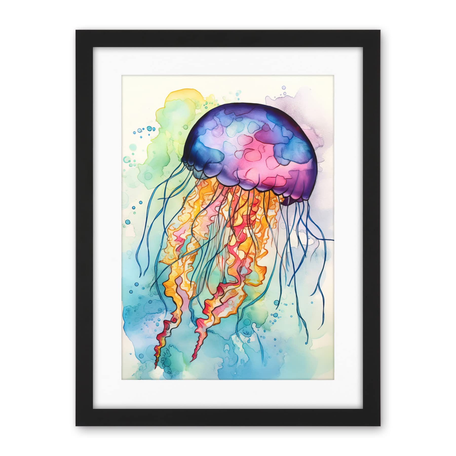 Artery8 Jellyfish Swimming Folk Art Watercolour Painting Artwork Framed Wall Art Print 18X24 Inch
