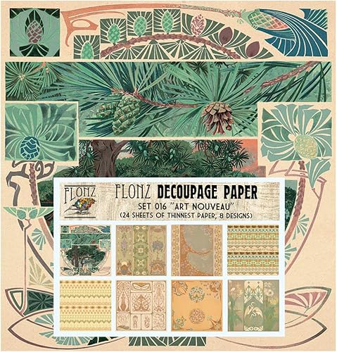 Decoupage - Paquete de papel (24 hojas de 6 x 6 pulgadas), marcos Art Nouveau Florece FLONZ - Papel de estilo vintage para decoupage y manualidades