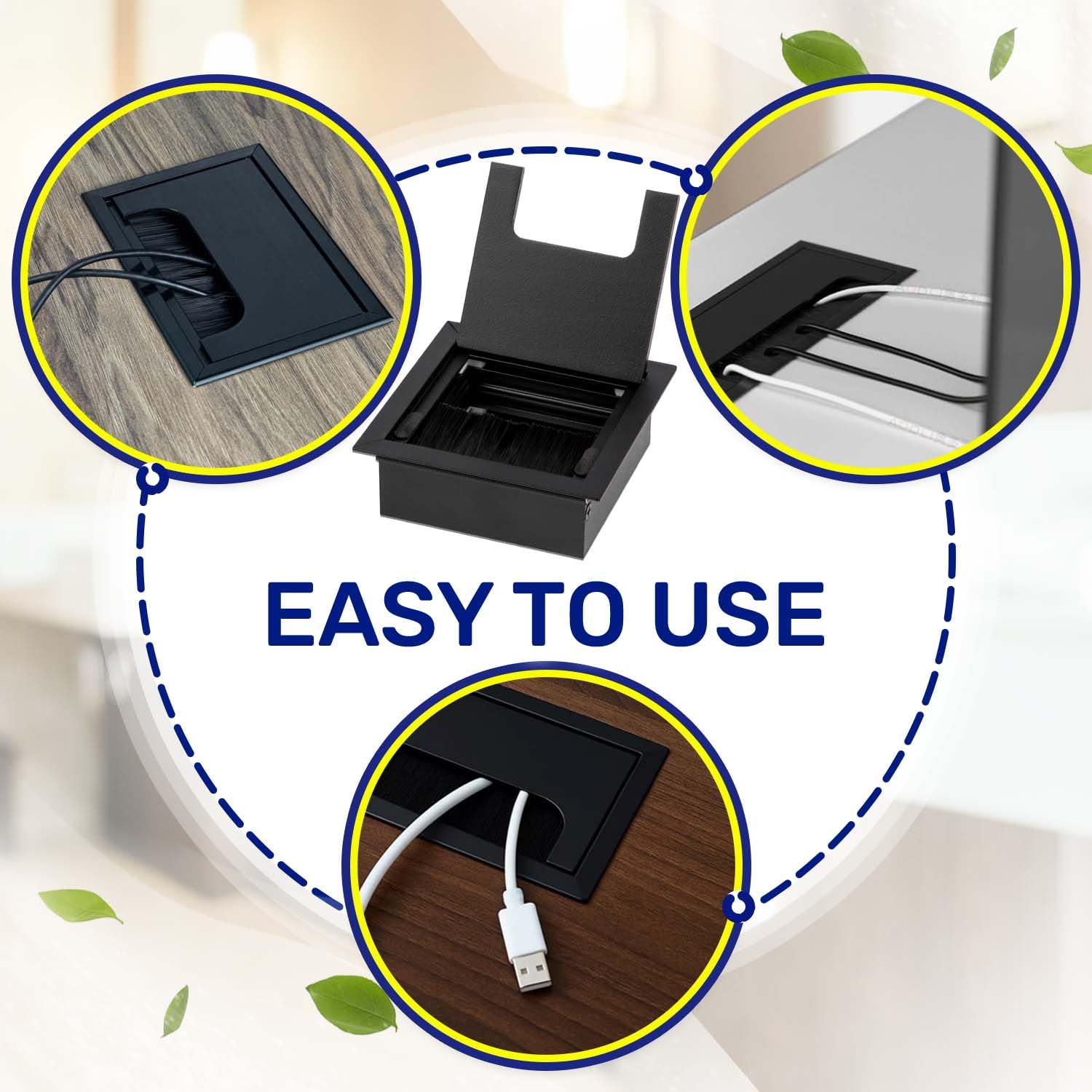 Desk Cable Grommet 80 x 80 mm H28 mm Black Colour - Desk Grommet is Made of Aluminium with Brush - Warranty 10 Years - MONTERAL - Image 4