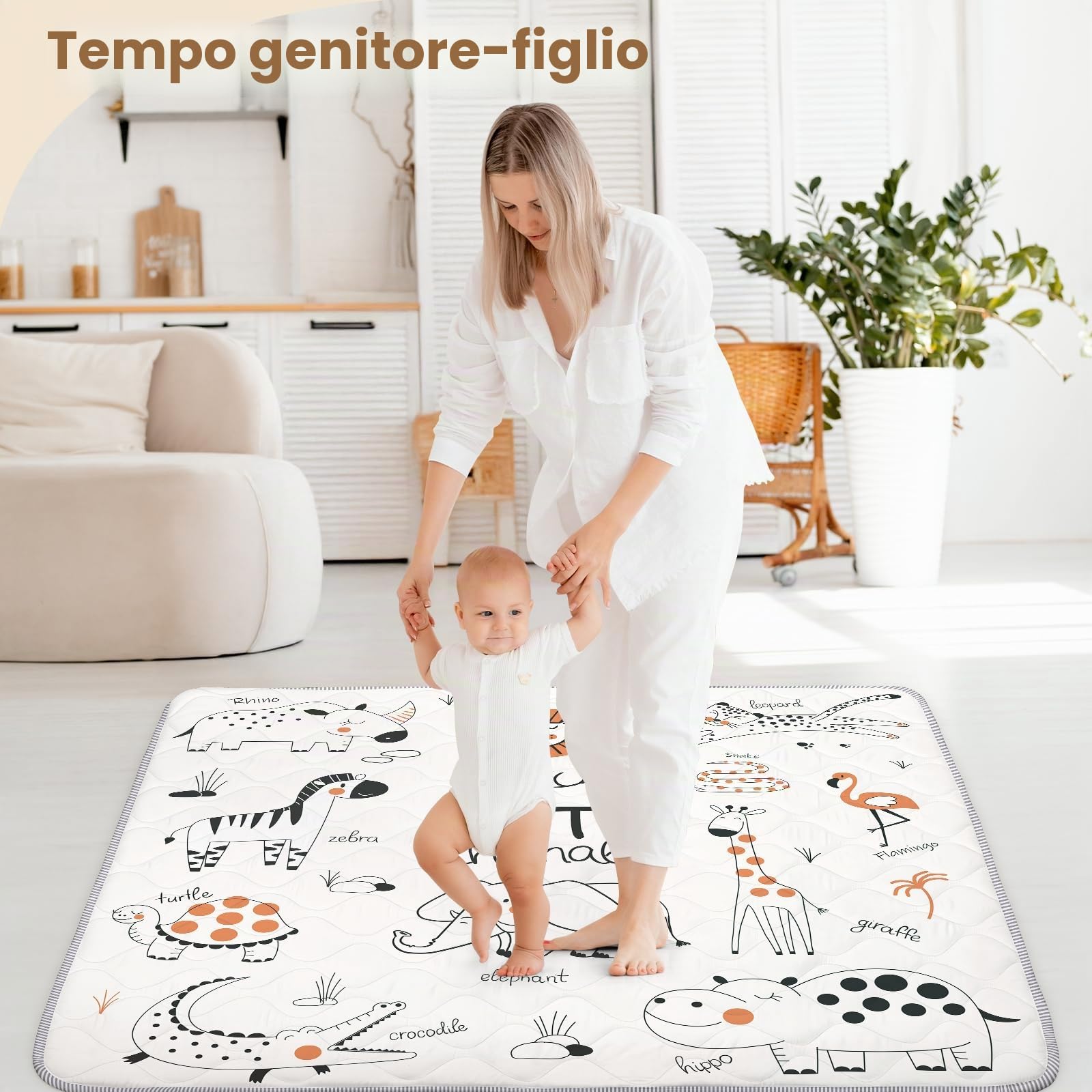 Tappetino per Giochi Bambino 127 * 127cm, Tappeto Attività Morbido con Imbottitura Spessa per Tempo a Pancia in Giù, Base Antiscivolo Sicura per Gattonamento, Animali linea