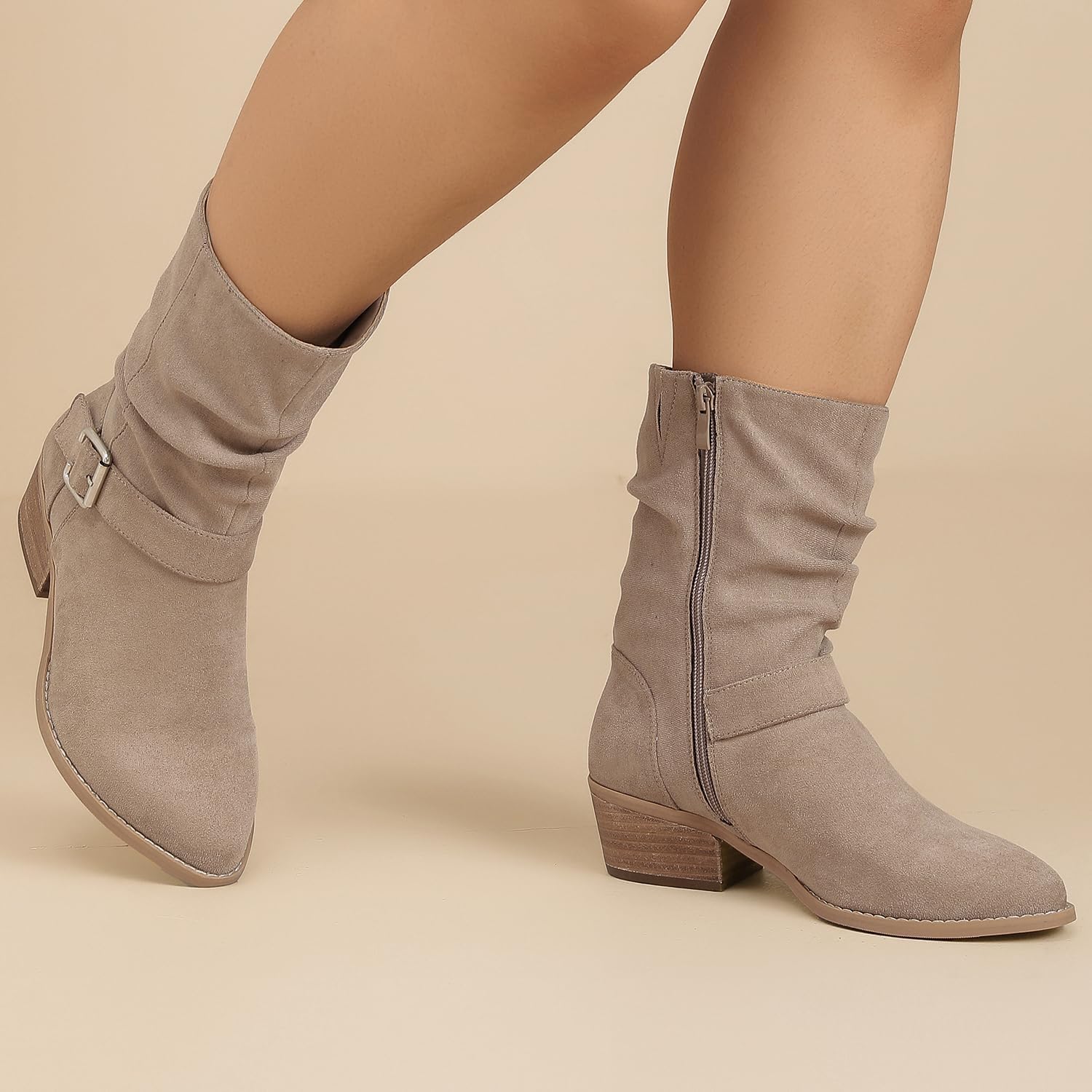 Luoika Women's Wide Width Ankle Boots - Low Heel Side Zipper Slouchy Mid Calf Boots Short Booties.