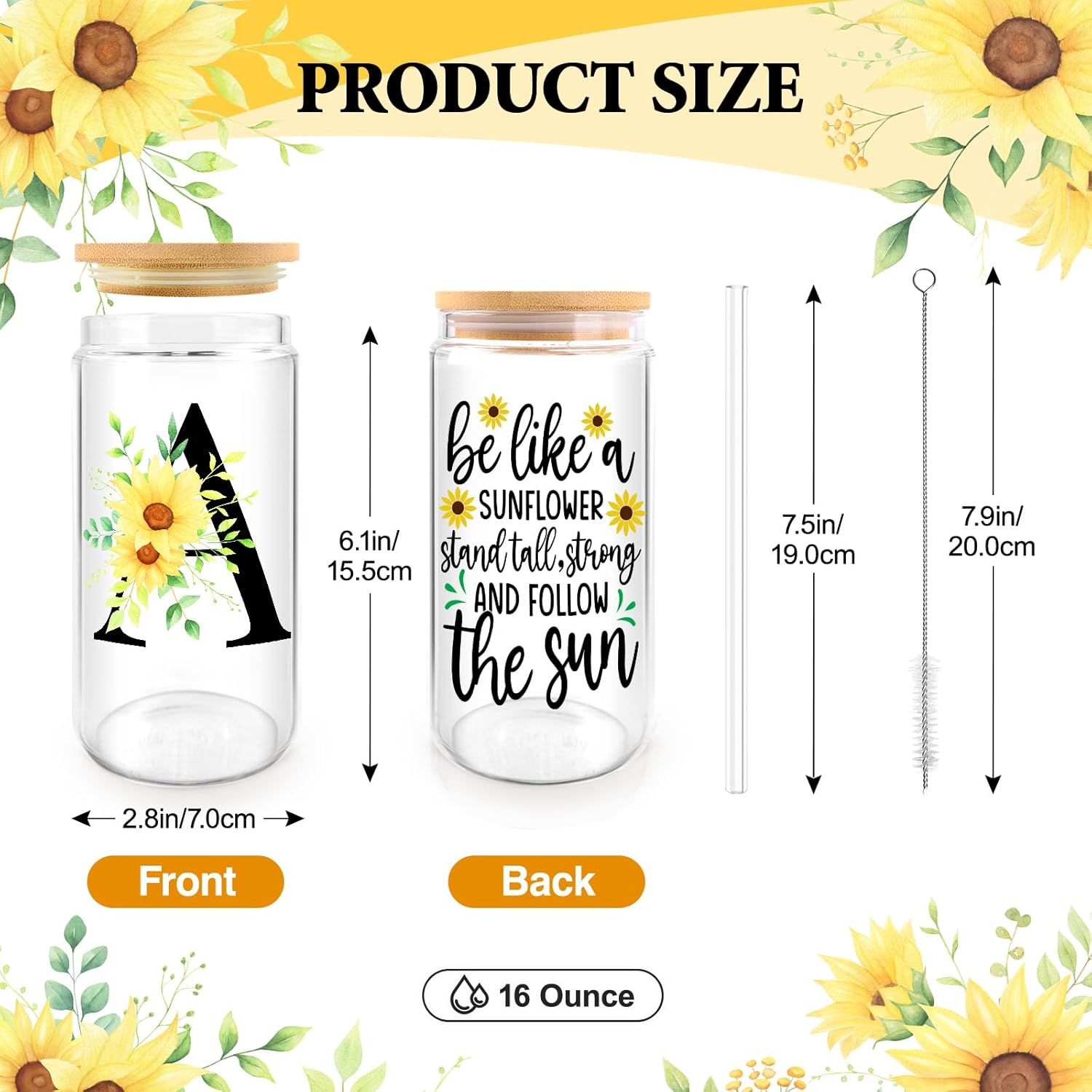 Initial Glass Cups with Lids and Straws, Personalized Sunflower Gifts for Women, Iced Coffee Cup Glass Tumbler, Birthday Thank You Get Well Sunshine Gifts for Sisters Mom Her Women (A) - Image 3