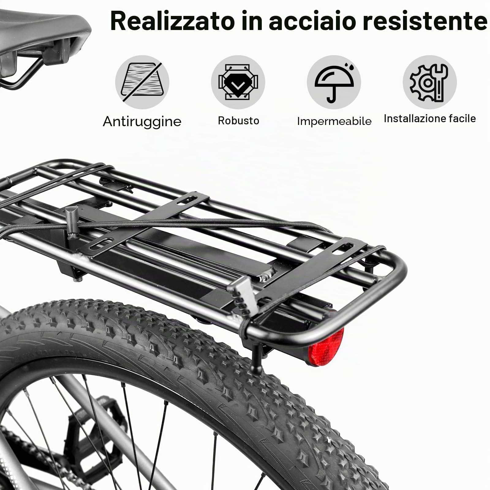 MEGHNA Portapacchi universale per bicicletta posteriore, portata 30 kg, regolabile per ruote da 20 – 29 pollici, robusto portapacchi in alluminio, facile da montare con attrezzi