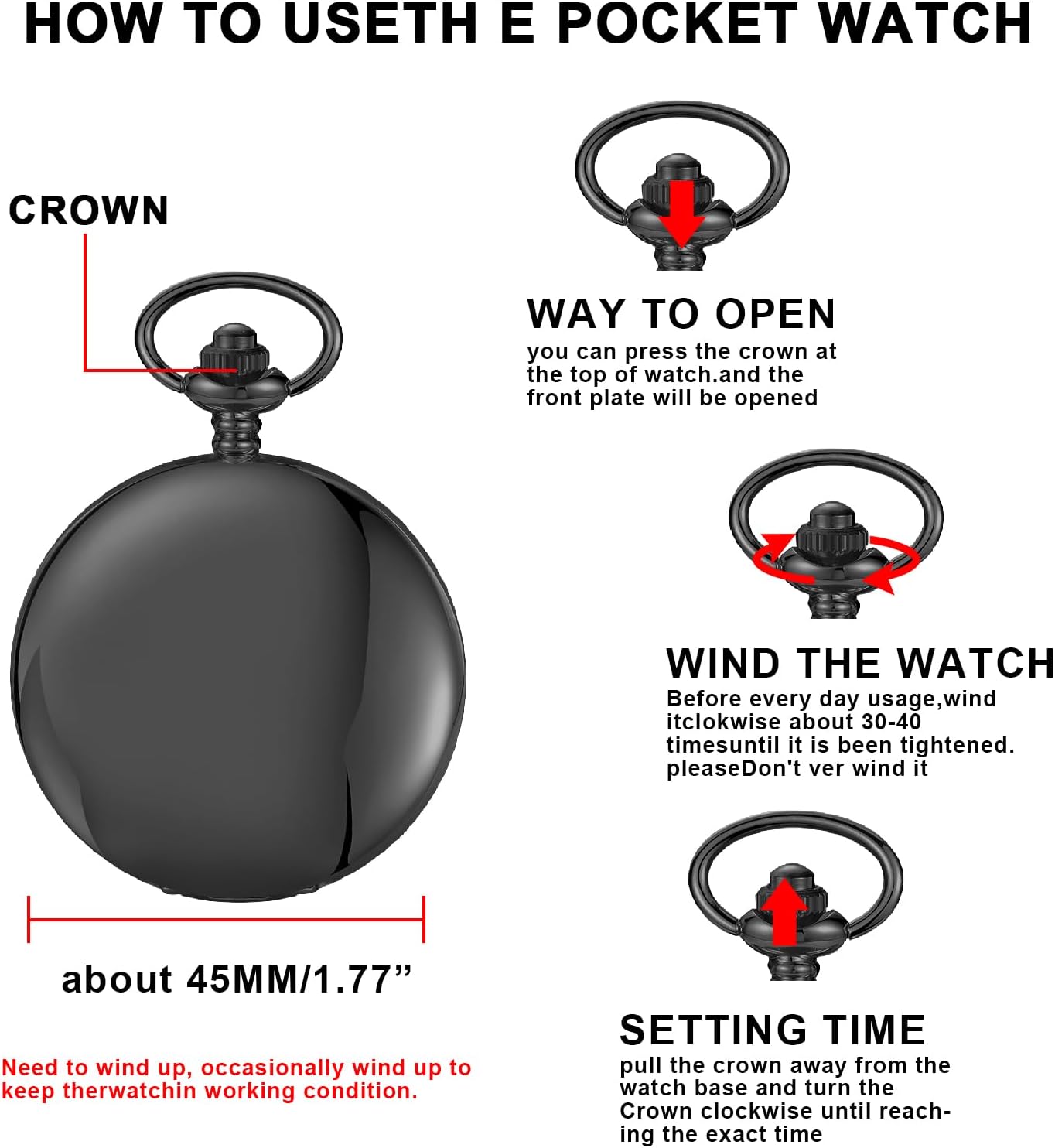 Men's Mechanical Pocket Watch Black Rudder Pattern Double Open Hollow Roman Numerals Pocket Watch