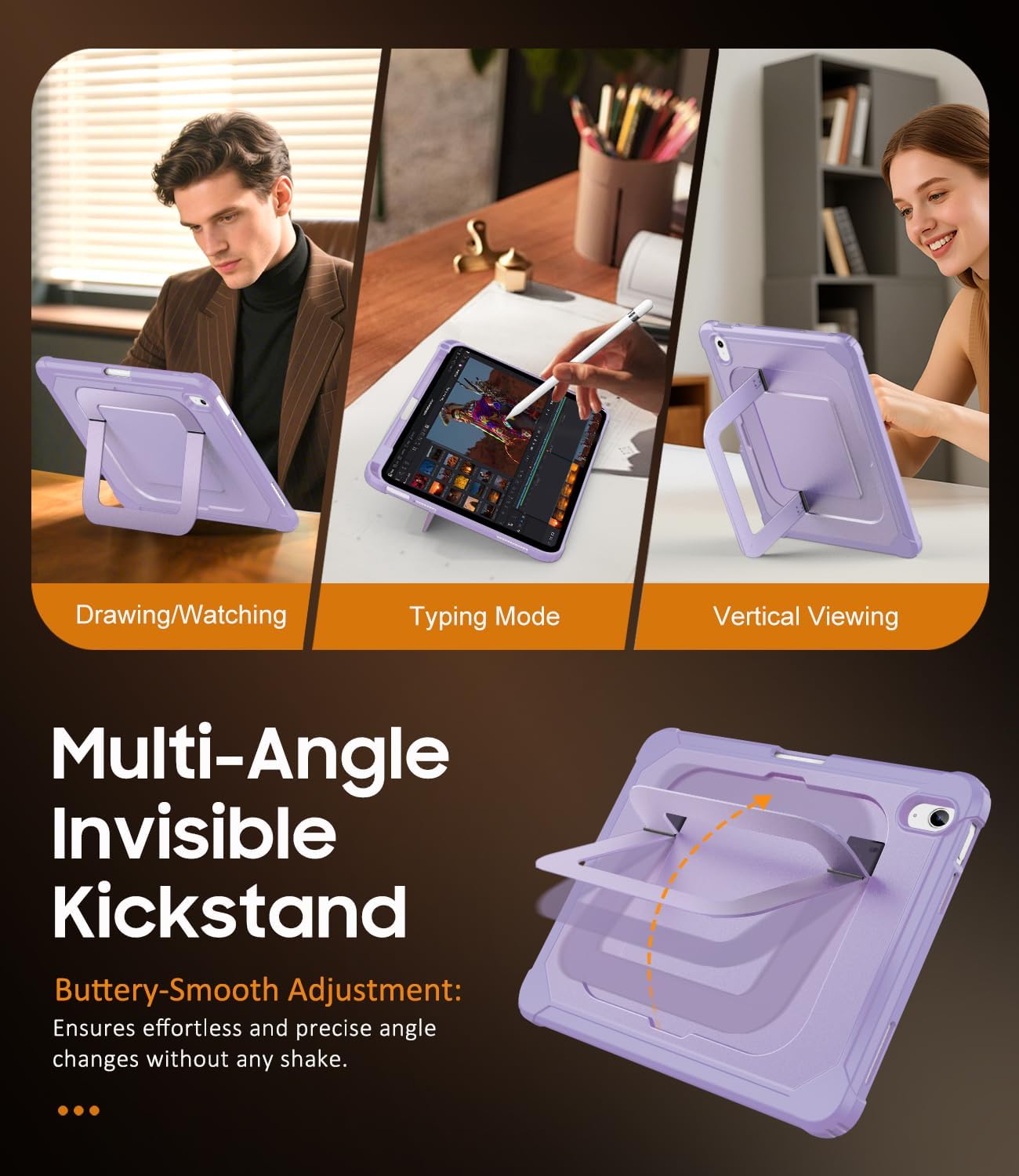 ZoneFoker for iPad A16 Case, iPad 11th/10th Generation 2025/2022 (11 inch/10.9 inch) with [Multi-Angle Metal Stand] / Pencil Holder, Slim Lightweight Hard Cover for i Pad 11/10 th (Purple)