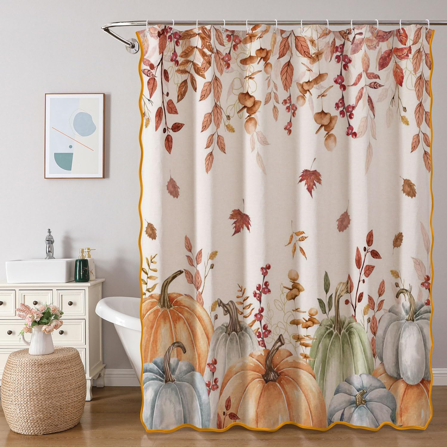 Fall Pumpkin Linen Shower Curtain with Orange Scalloped Edge, Watercolor Eucalyptus Leaves Scalloped Shower Curtain Set, Thanksgiving Harvest Fabric Shower Curtains for Bathroom, 71 x 71 Inch