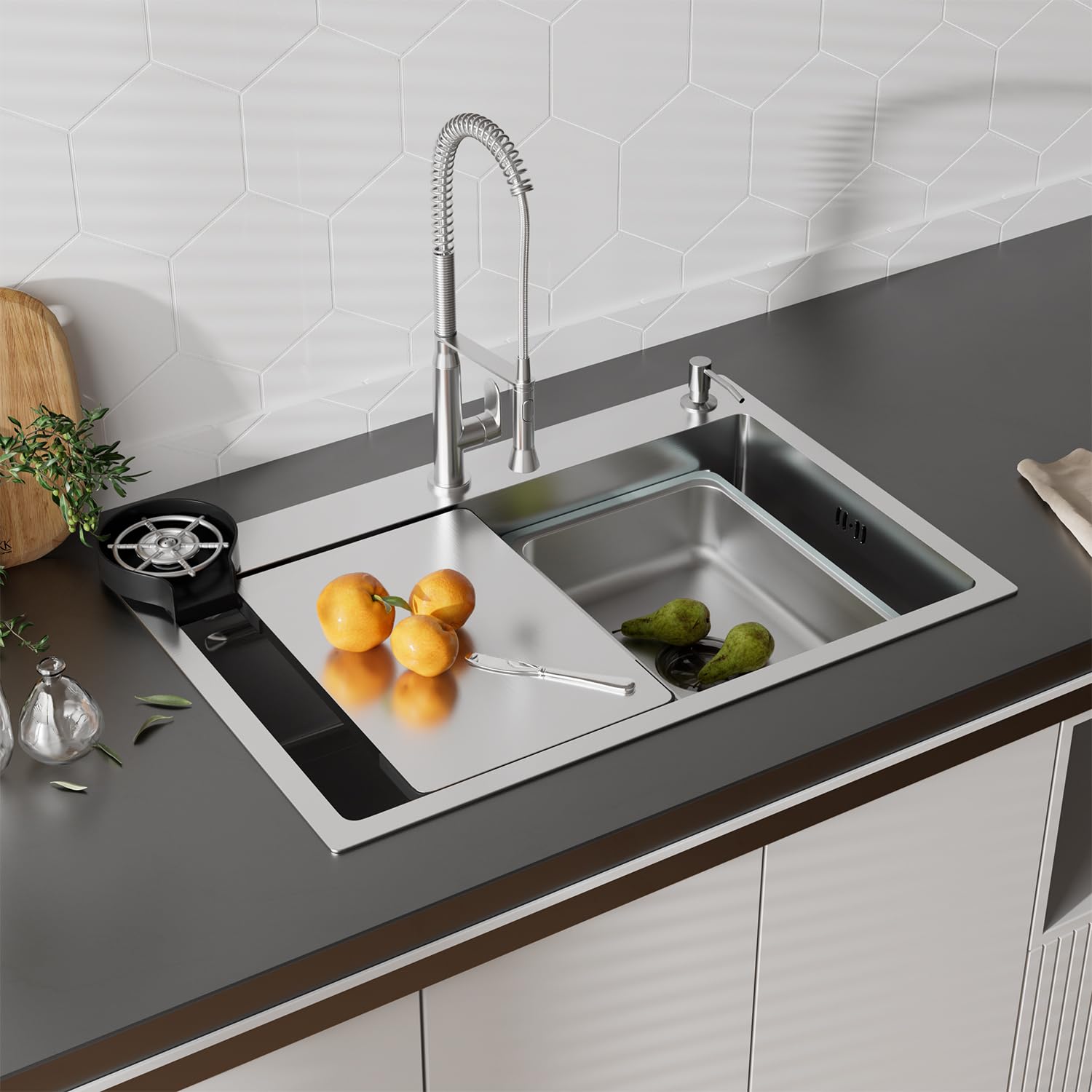 Fregadero Cocina 70 x 45 cm,STANEW Fregadero Acero Inoxidable, Fregadero de Repuesto y Tabla de Cortar y Lavadora de Copas de Alta Presión y Dispensador de Jabón
