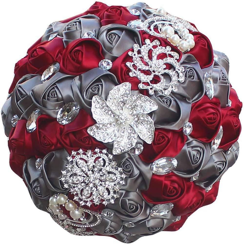 Wedding Bouquets Bride Bridal Bouquet Bridesmaid Holding Flower for Party Church Decor (Dark Red Grey)