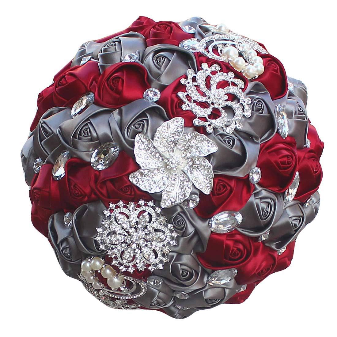 Flonding Wedding Bouquets Bride Bridal Bouquet Bridesmaid Holding Flower for Party Church Decor (Dark Red Grey)