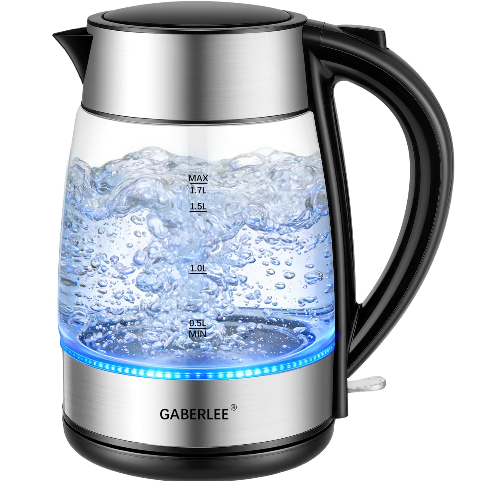 GABERLEE Kettle, 3000W Fast Boil, 1.7L Electric Cordless Glass Kettle with Stainless Steel Accents, Blue LED, Removable Anti-scale Filter, Push Button Lid, Auto Shut-Off, Easy Clean, BPA-Free, Black