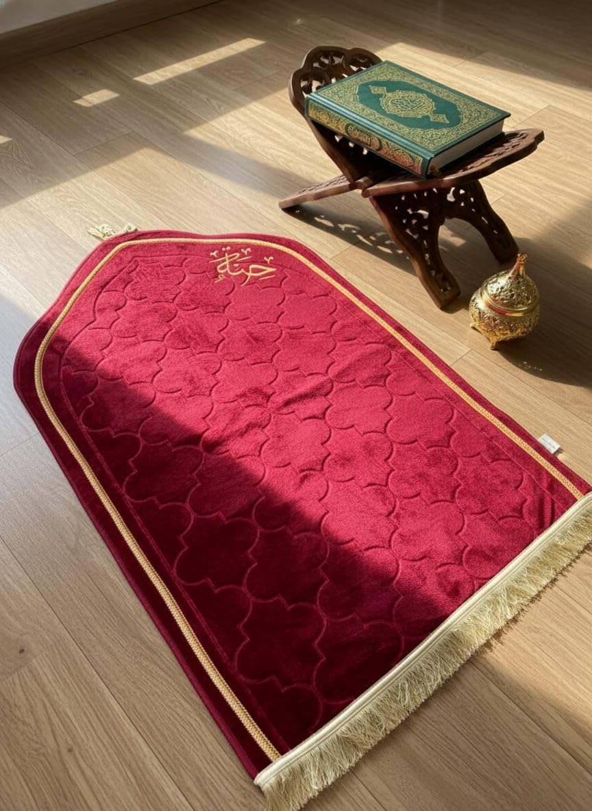Premium Velvet Prayer Mat, Traditional Islamic Musalla, Personalized Janamaz with Name Customization, 70 x 110 cm, Wedding and Engagement Gift (Maroon)-image-13
