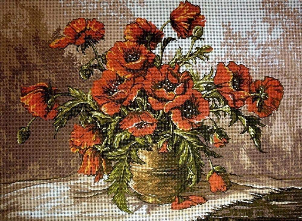 Kit de broderie tapisserie coquelicots en vase demi-point 40x30cm