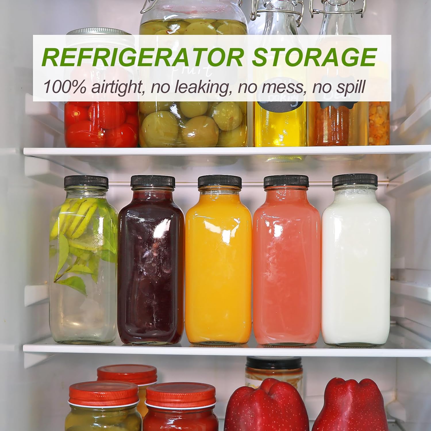 12 Pack 16oz Glass Juice Bottles with Lids, Reusable Clear Square Bottles for Juicing, Smoothies, Milk, Cold Brew, Water - Image 8