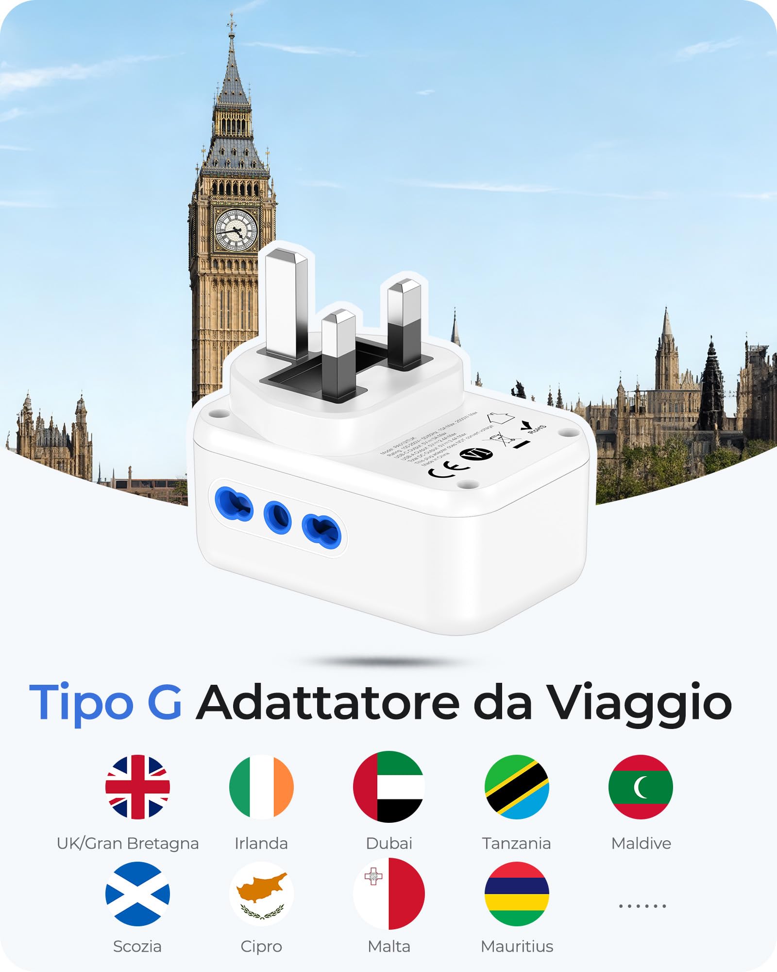 LENCENT Adattatore Presa Inglese da Viaggio, Spina Tipo G con 3 Prese Italiane e 4 Porte USB (USB-C 15W), 7 in 1 Presa UK da Viaggio per Regno Unito, Irlanda, Dubai, Maldive, Malta, Scozia -3250W