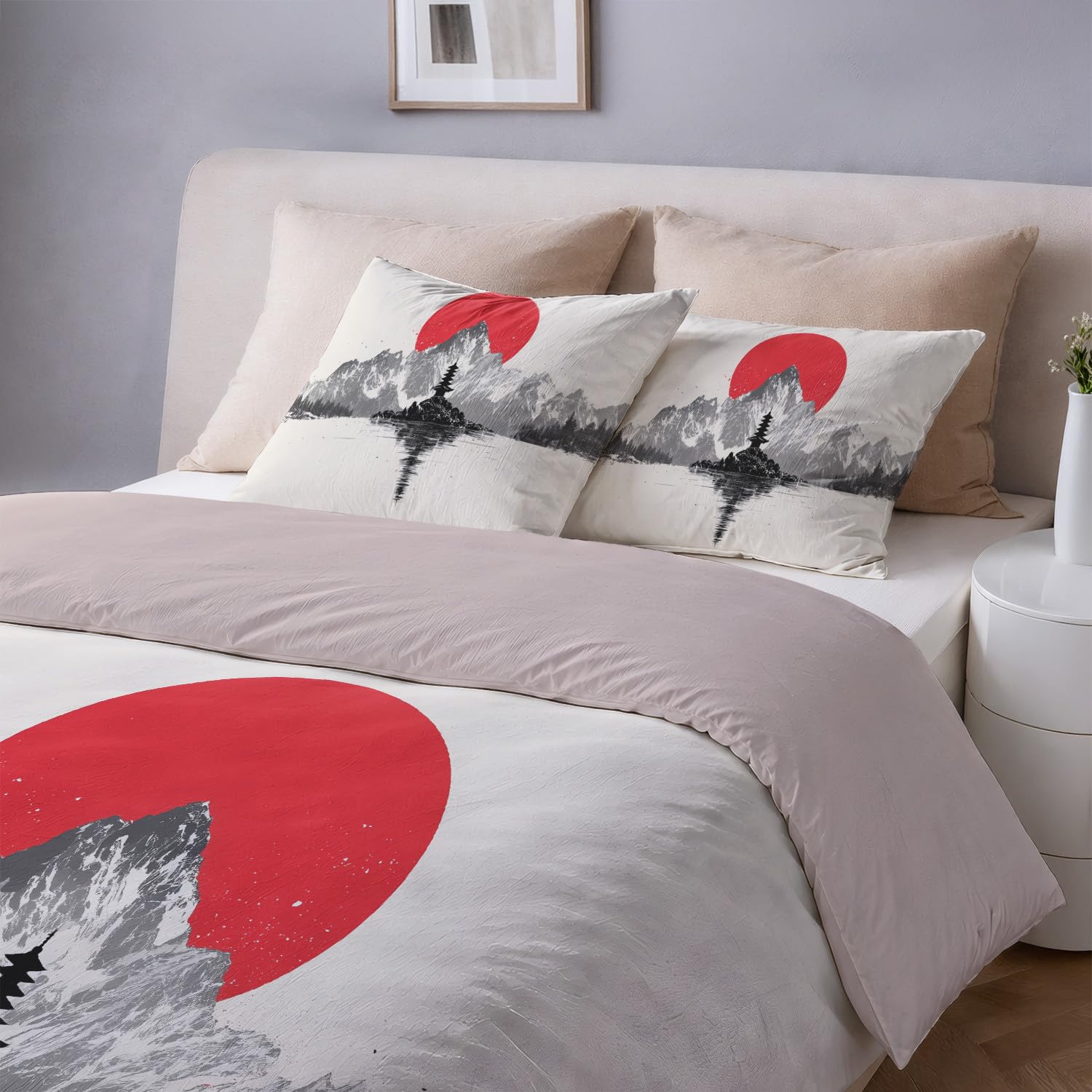 Czerwony klasyczny tradycyjny minimalistyczny zestaw poszewek na kołdrę Pagoda, 3 sztuki, 240 x 220 cm - zestaw pościeli z miękkiej mikrofibry, z zamkiem błyskawicznym i poszewkami na poduszki, można