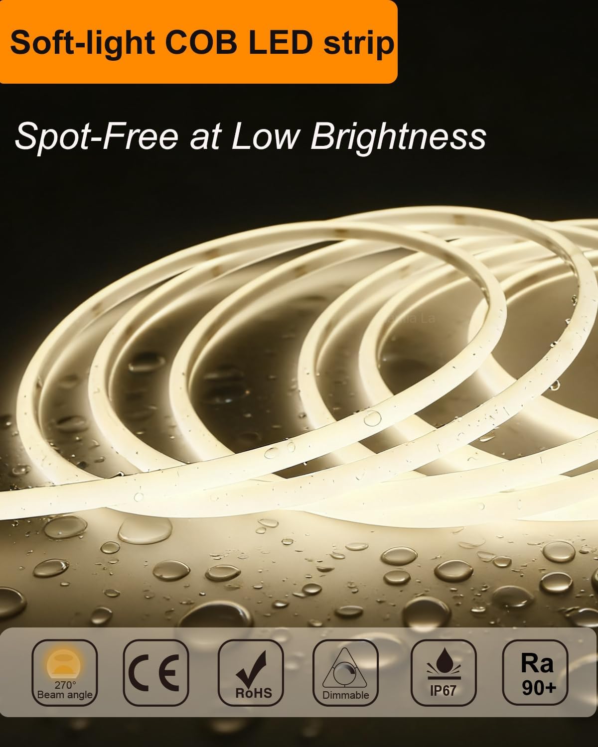 COB LED Strip Lights 16.4ft, 480 LEDs/m Dotless 3000K Warm White, 24V DC CRI 90+ Silicone Diffused Tape, IP67 for Kitchen Cabinet, RV, Outdoor - 24V Driver Not Included