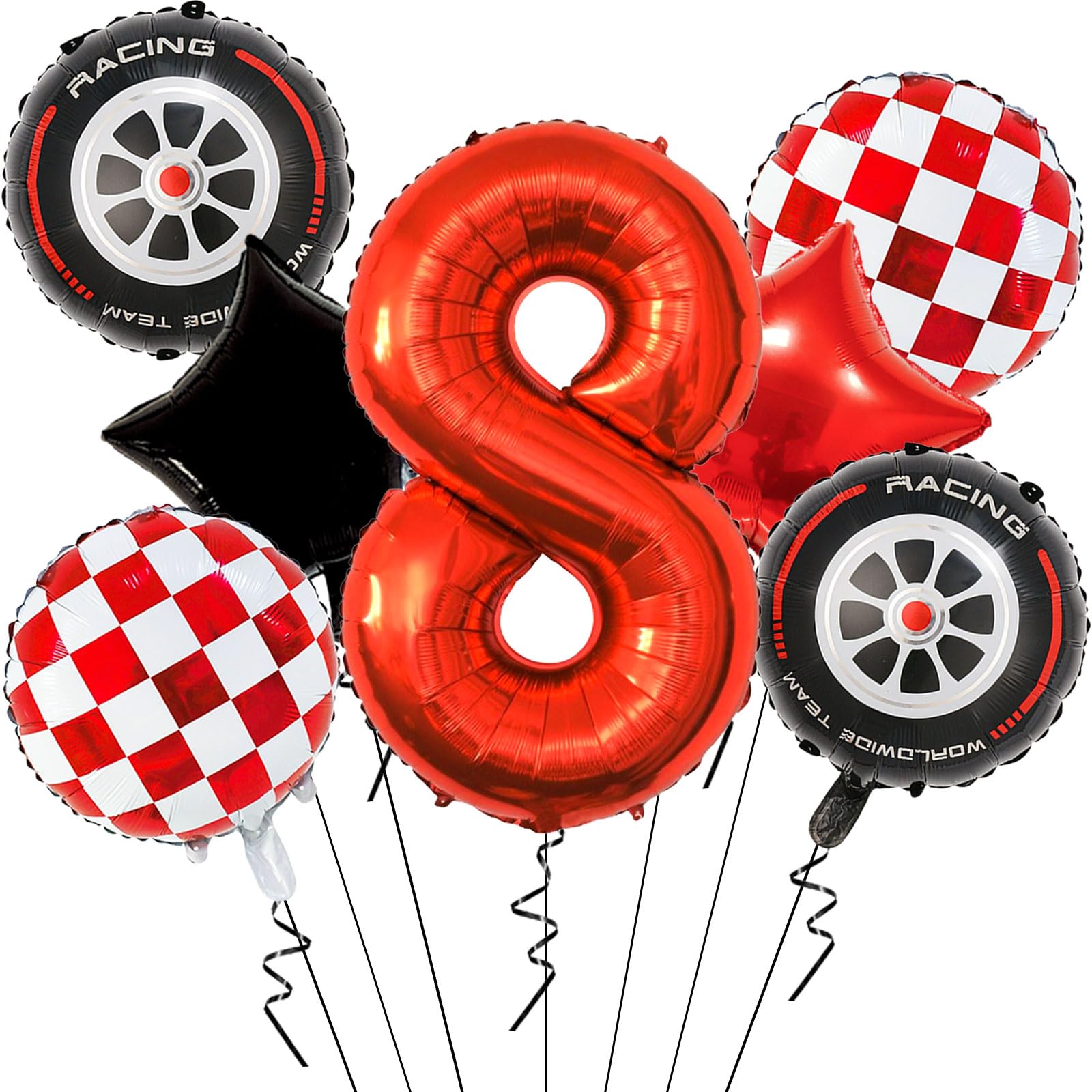 Race Car Balloons Birthday Party Decorations - 40 Inch Mylar Red Number 8 Balloons - Red Foil Checkered Race Car Balloons for Eighth Birthday Race Car