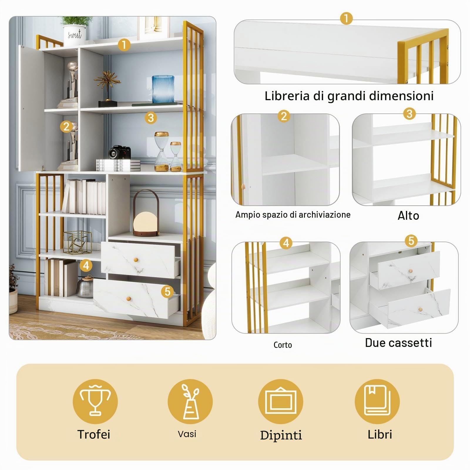 KOMHTOM Libreria con 1 anta e 2 cassetti, libreria, mobile di stoccaggio, scaffali per soggiorno, camera da letto, balcone, cucina (oro+bianco)
