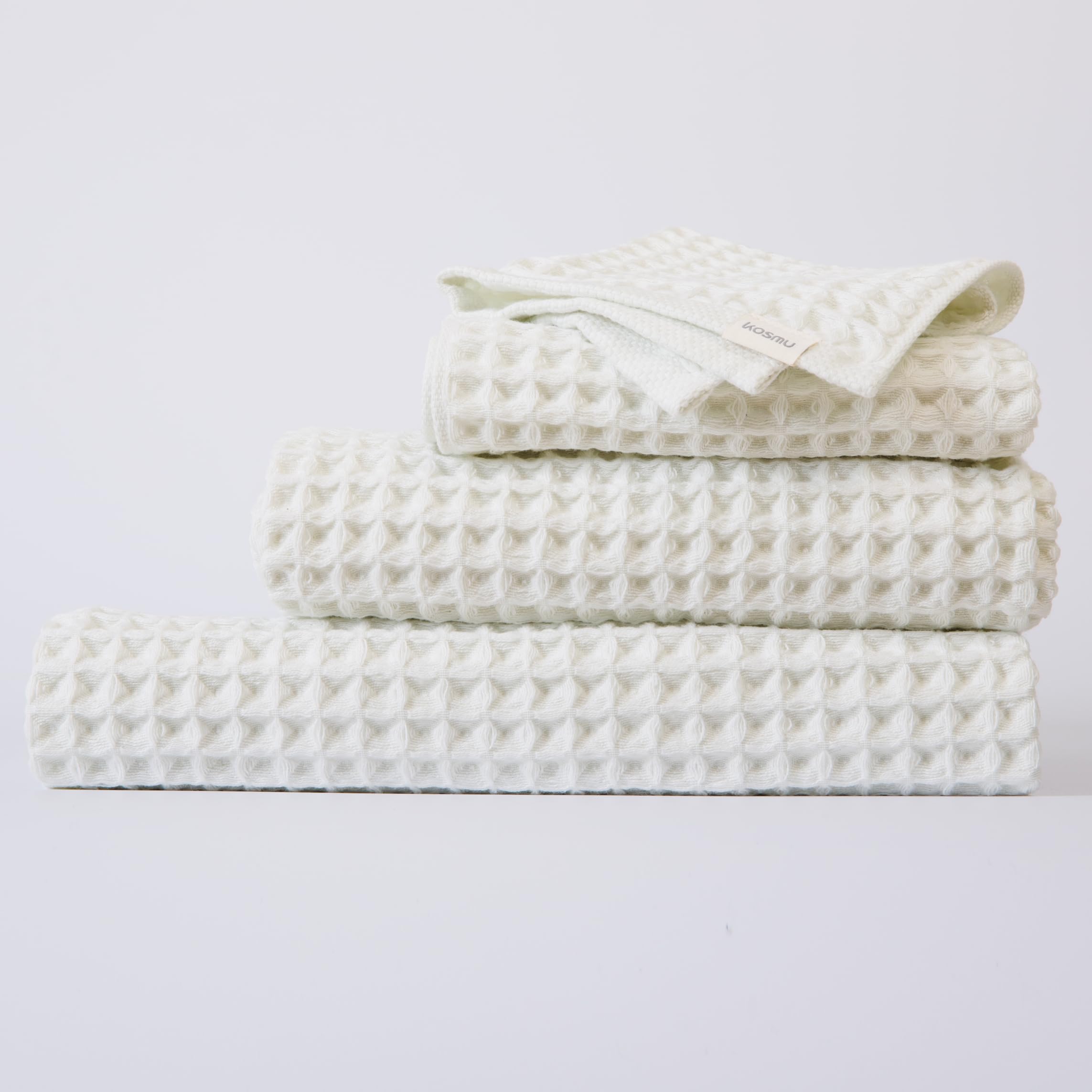 KOSMU Complete Bath Towel Set | Silk-Infused Waffle Towel, 100% Luxury Japanese Cotton, Ultra Plush, Absorbent, and Quick Dry, Free Storage Bag (Shell White, Complete Set (4-Piece)) โ image 1