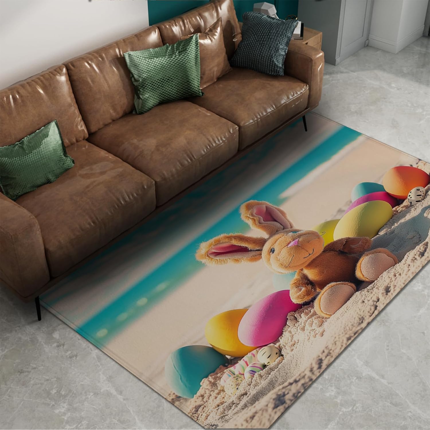 Bunny Doll Area Rug 3'x6' - Easter Egg Large Rug Cartoon Nursery Floor Carpet Soft Low Pile Thin Washable Carpet for Living Room Bedroom