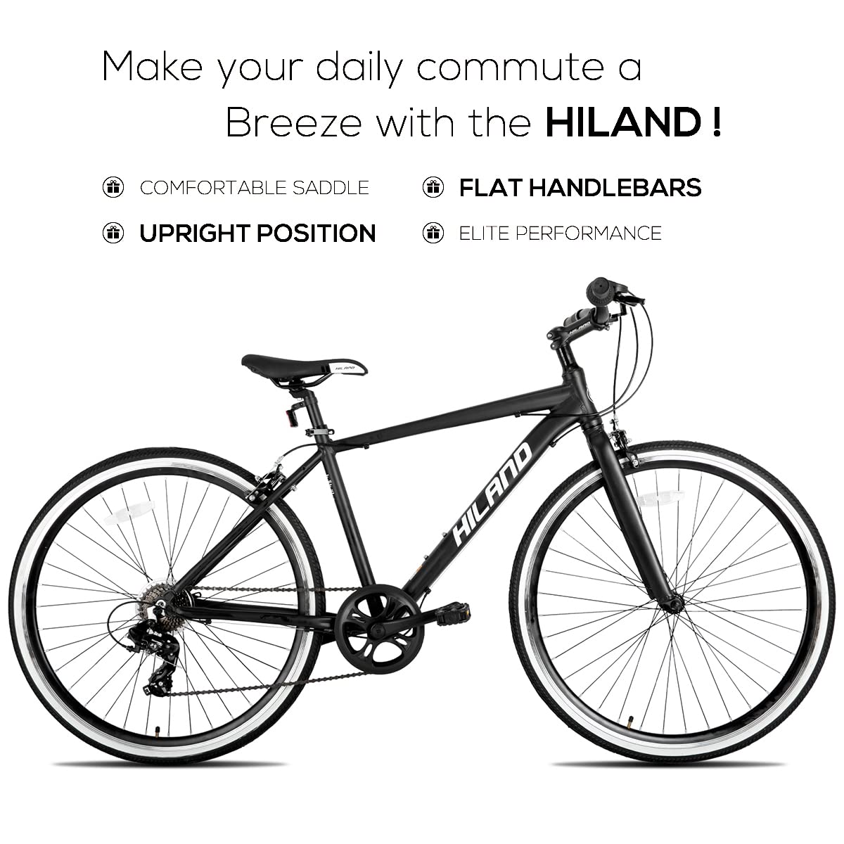 Hiland 28 Zoll Rennrad Citybike für Herren und Damen, 7-Gang City Pendlerfahrrad für Erwachsene, 700C Schwarz Fahrrad