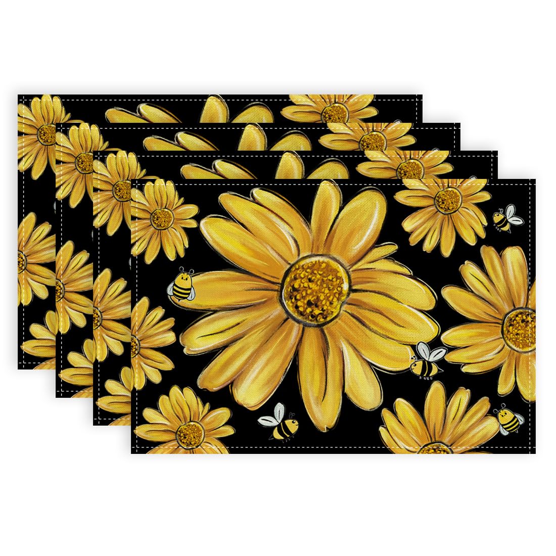 ARKENY Summer Placemats 12x18 Inches Set of 4, Sunflower Yellow Bee Seasonal Farmhouse Black Burlap Indoor Kitchen Anniversary Dining Table Mats Decorations for Home Party AP603-4