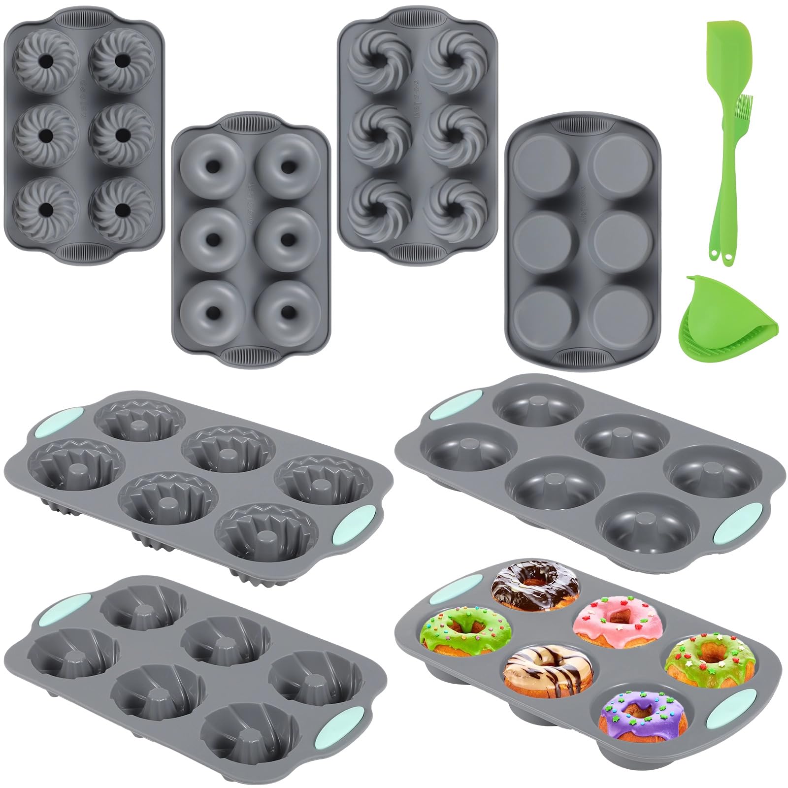 Generisch 8 Stück Donut-Backformen aus Silikon, Muffinformen mit Antihaft-Oberfläche, 4 Designs, 6 Mulden, für Kuchen und Doughnuts, mit Silikonpinsel, Spatel und Handschuh, leicht zu reinigen