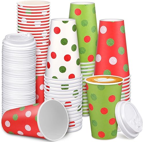 Marsui 120 vasos de papel de Navidad, tazas de café desechables de Navidad con tapas, tazas de té de papel de Navidad, tazas de café de papel
