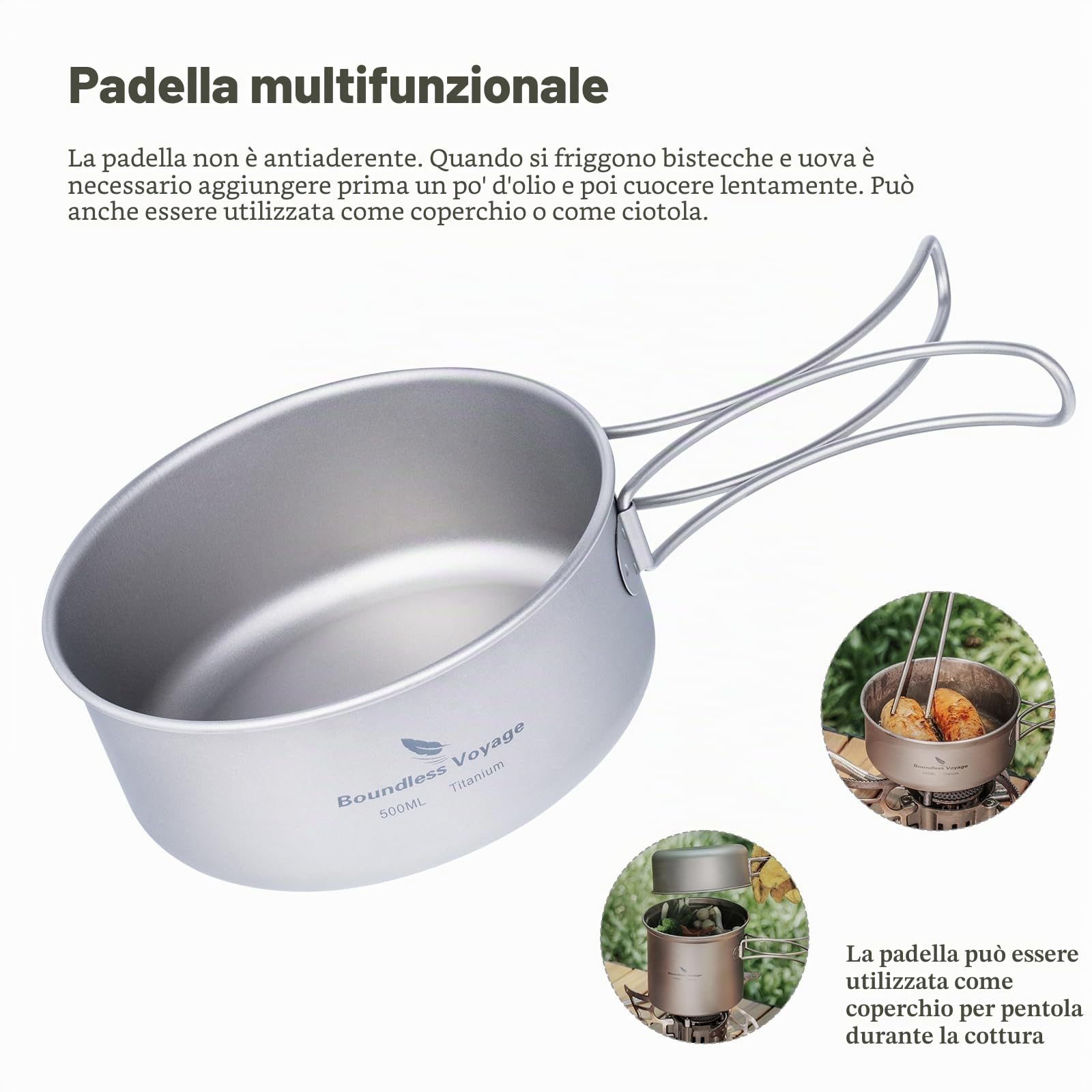 Boundless Voyage Pentola in titanio con manico pieghevole Set di stoviglie da campeggio per picnic in campeggio