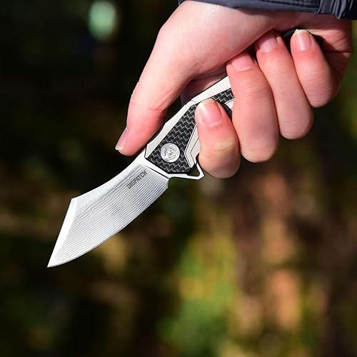 Miniatura 6 de Dispatch Cuchillo plegable de bolsillo de Damasco, mango de titanio TC4 con revestimiento de fibra de carbono, ligero de 4 pulgadas con funda