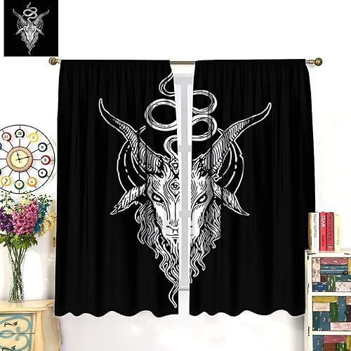 Vista 117 de Cortinas de cabeza de cabra, misteriosa cabeza de cabra malvada, calavera negra, bolsillo para barra, cortinas opacas para ventana, juego de 2