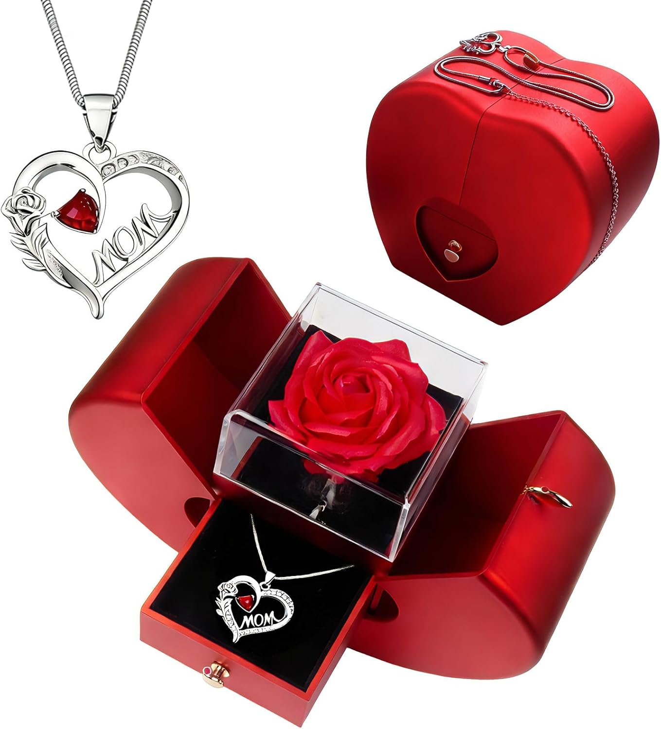 SOVIUPRZ Preserved Rose Mother Gifts for Mom from Daughter Birthday Gift for Mum from Son Forever Red Roses with Mom Rose Heart Necklace for Grandma Mama Nana I Love You