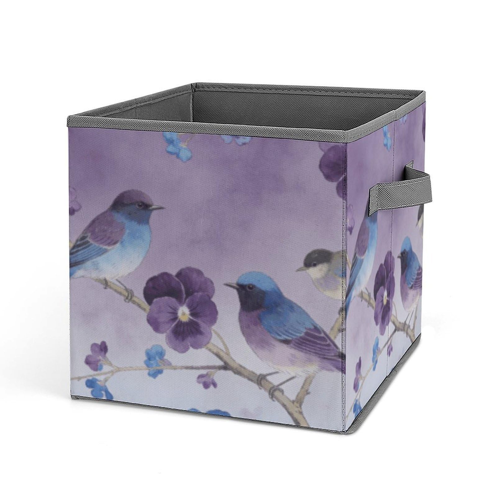 Pansy Purple Oxford Blue Branches Birds Flowers Storage Baskets Collapsible, Exquisite Pattern Cube Box, Canvas Fabric Storage Bins with Handles, Clothe Organizer Box for Home Decorative Office Bedroo