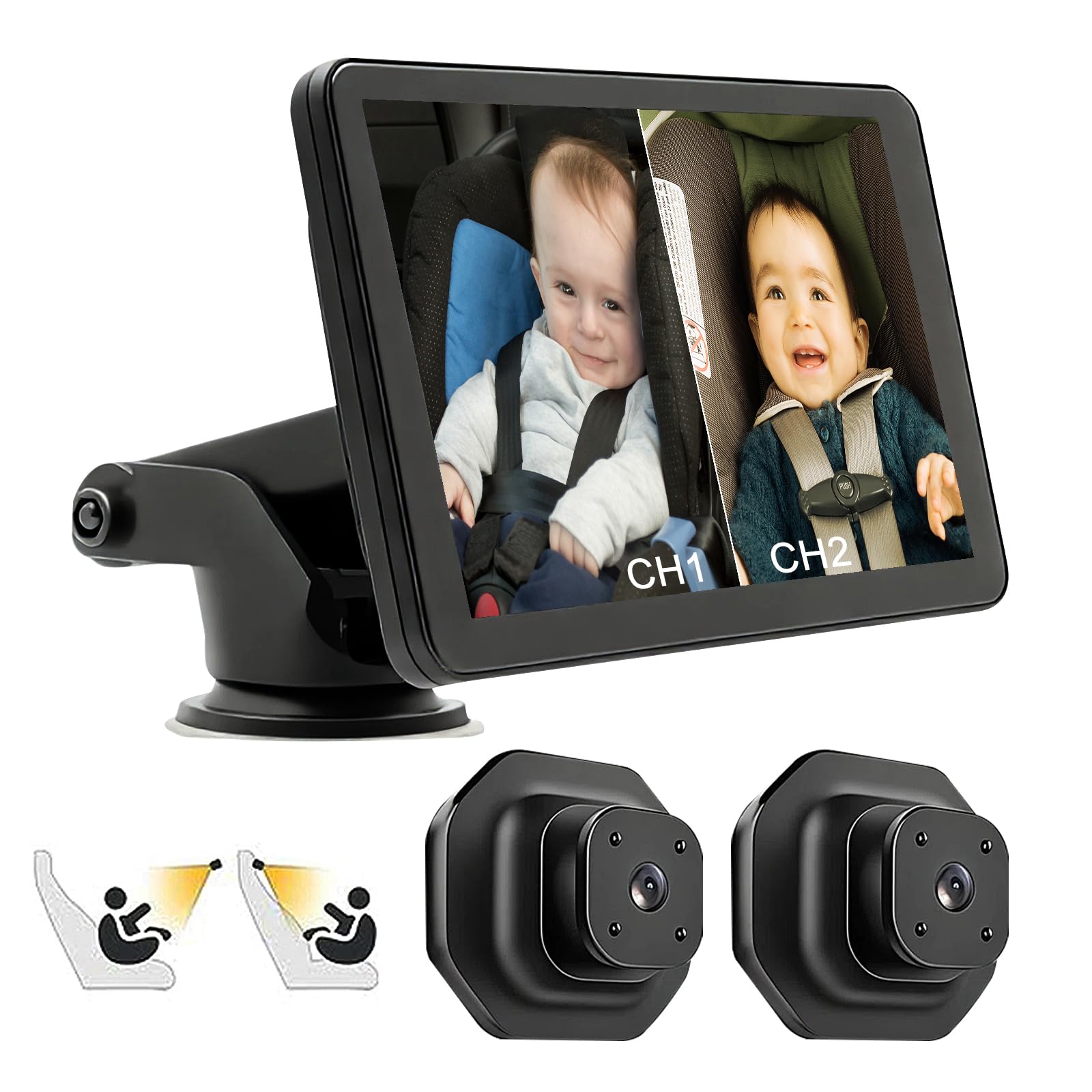 Baby Car Camera, 5inch 2 1080P HD Car Mirror Baby Rear View with IR Night Vision, 120° Wide View, for 2 Babies Kids Pets