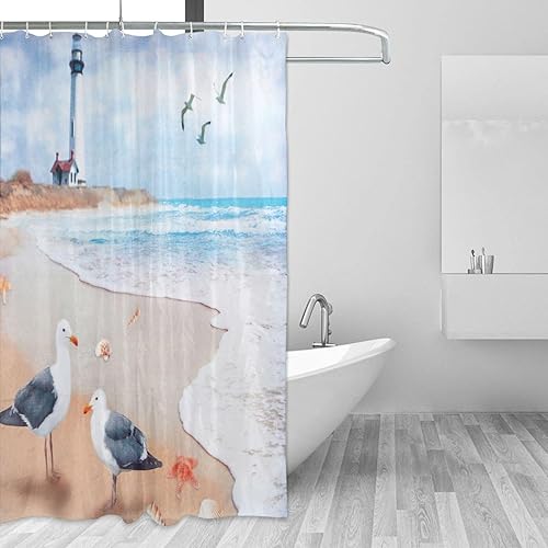 Miniatura 2 de Golakra Cortina de ducha de playa costera, faro, náutico, gaviota, océano, cortina de ducha impermeable, tela de poliéster, decoración de baño con
