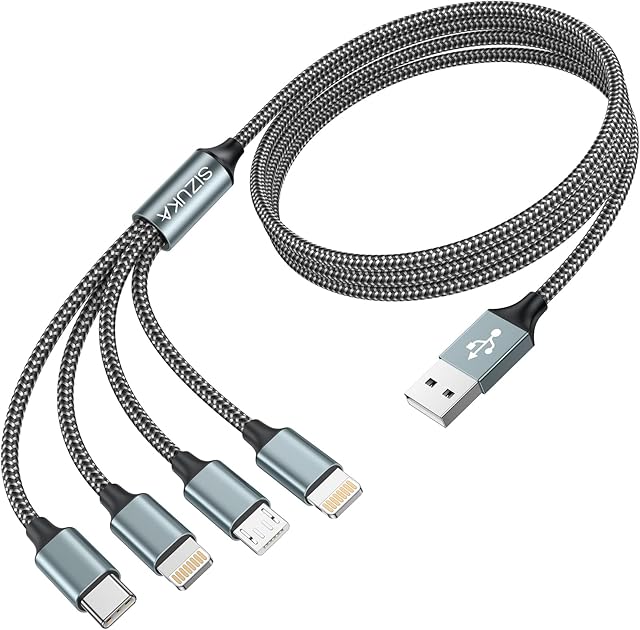 SIZUKA Charger Cable, Multi Charger Cable [1.2M] 4 in 1 Multiple USB Cable Nylon Braided with iPhone Micro USB Type C Cable Connector for iPhone, Android Samsung, Huawei, Nexus, Nokia,LG, Sony, PS4