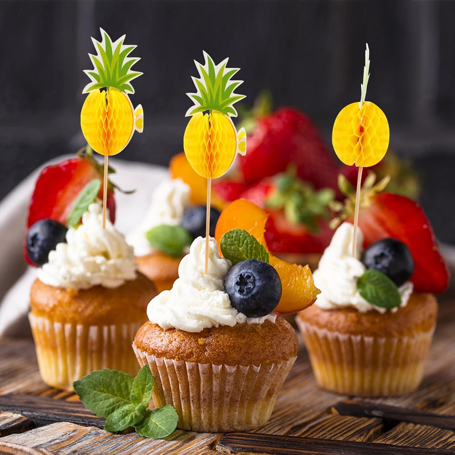 LOMIMOS 50pcs Drink Umbrella Topper,Tropical Pineapple Cocktail Paper Parasol stick with wood toothpick for Hawaiian Pool Party Ice Cream Cupcake Fruit