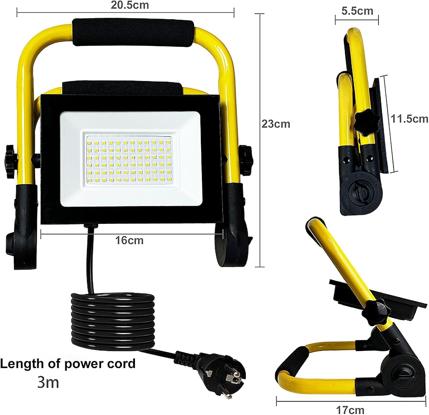 2 faretti LED da costruzione, 50 W, luce bianca fredda, per esterni, con spina e supporto antiscivolo, pieghevoli, IP66, impermeabili, per officina, cantiere, garage