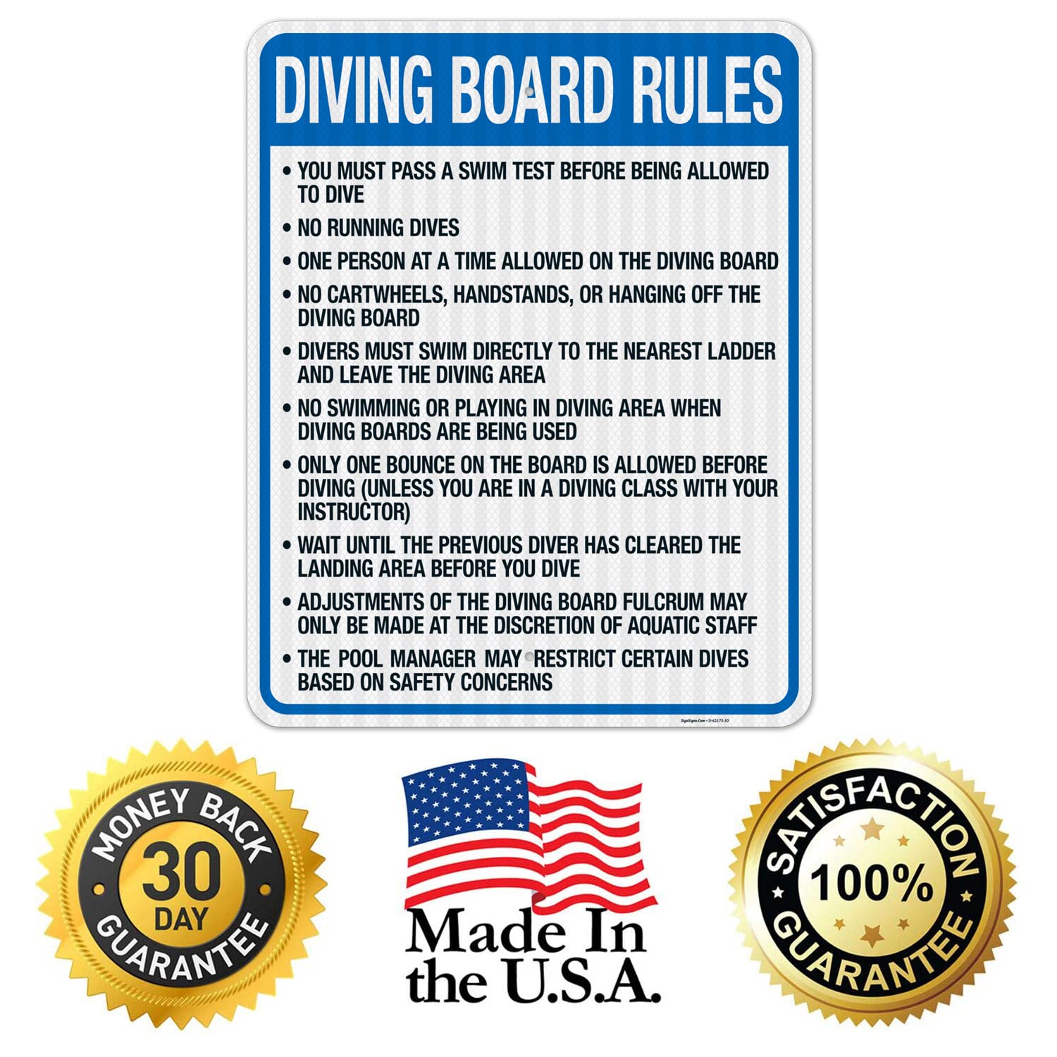 Washington Diving Board Rules Sign, Complies with State of Washington Pool Safety Code, 24x30 Inches, 3M EGP Reflective .080 Aluminum, Fade Resistant, Made in USA